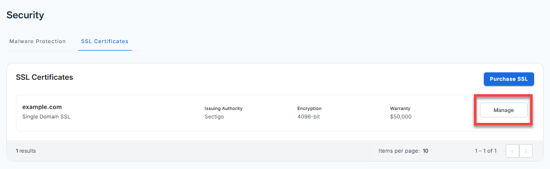 SSL Certificates - Manage button
